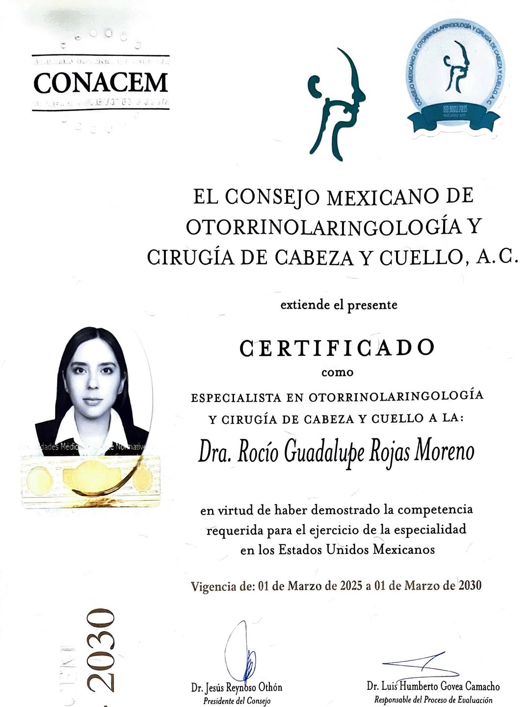 Certificado del Consejo Mexicano de Otorrinolaringología y Cirugía de Cabeza y Cuello otorgado a la Dra. Rocío Guadalupe Rojas Moreno